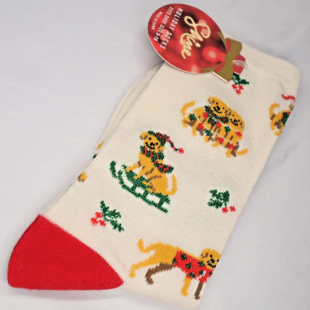 Dog on Sleigh Holiday Socks NEW Size 5-10 Shine